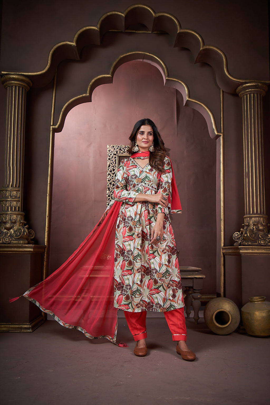 Jyoti Fashion Women's Red Rayon Floral Print with Handwork Designer Kurta Set with Dupatta | Grocsy