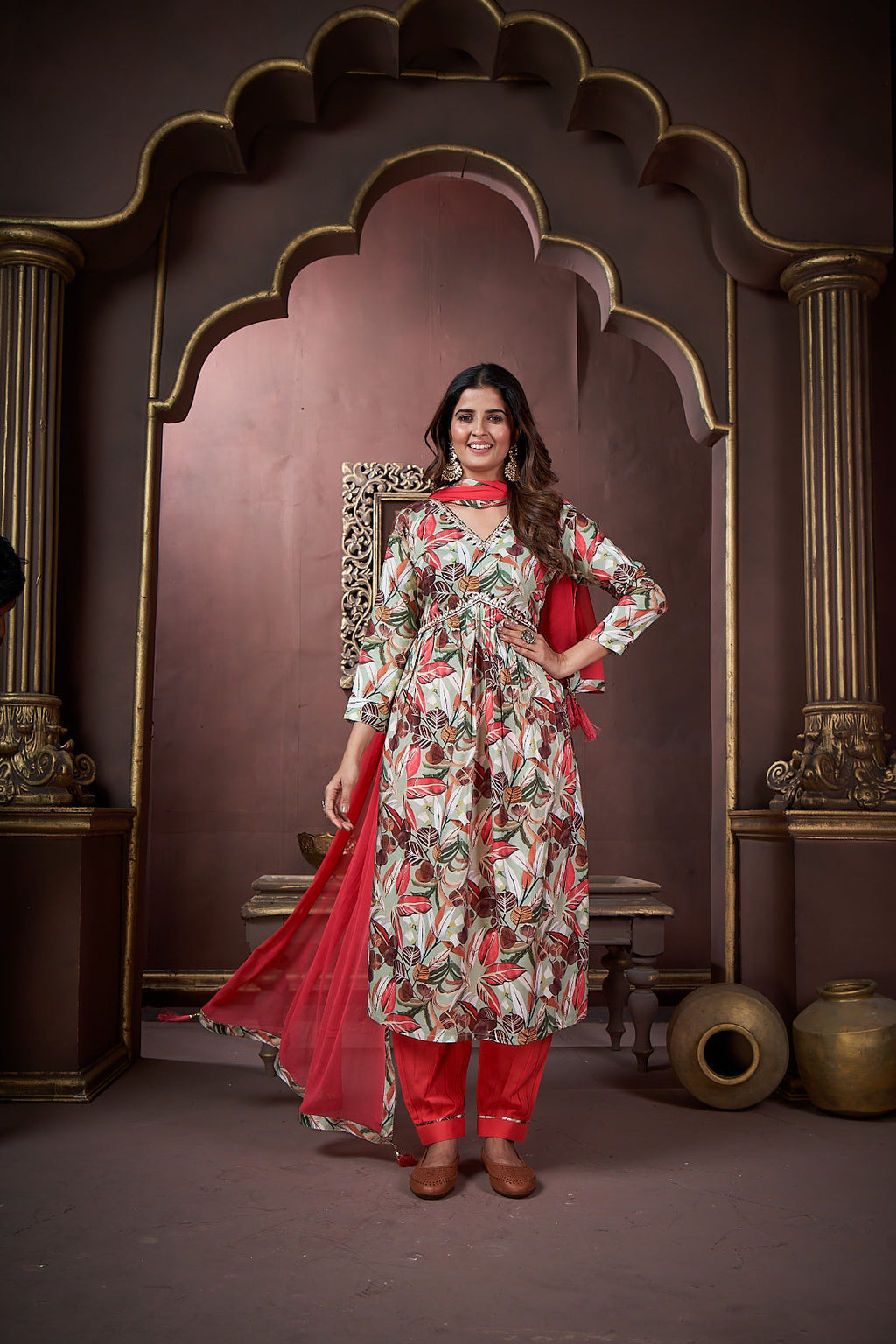 Jyoti Fashion Women's Red Rayon Floral Print with Handwork Designer Kurta Set with Dupatta | Grocsy