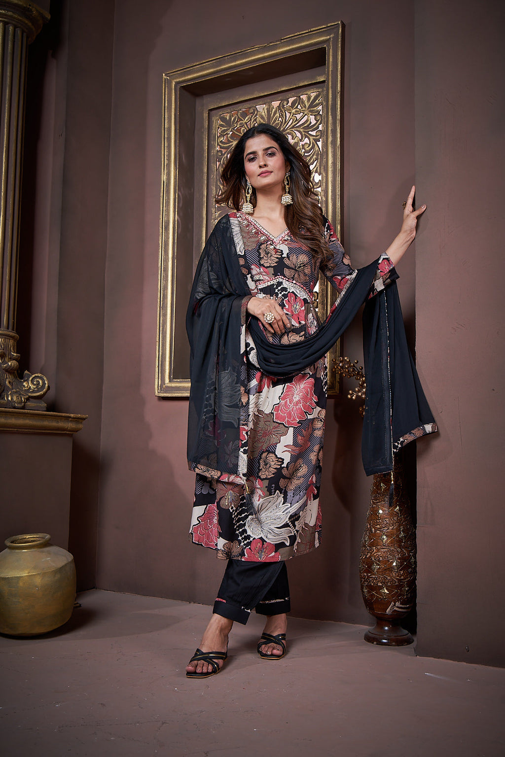 Jyoti Fashion Women's Black Rayon Floral Print with Handwork Designer Kurta Set with Dupatta | Grocsy