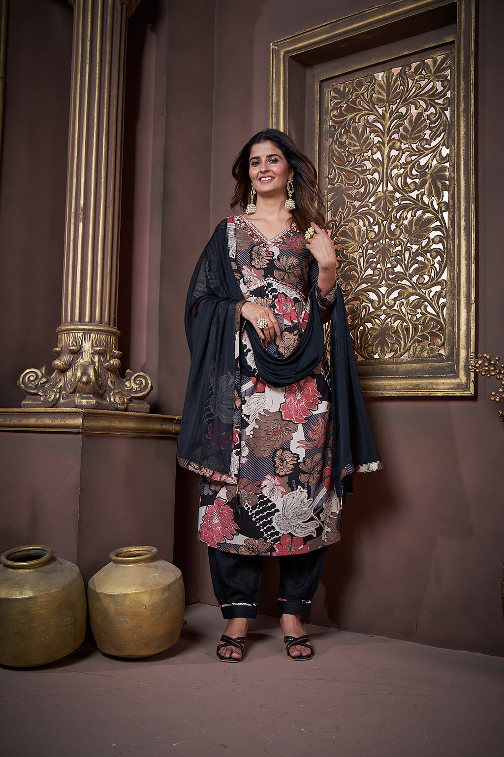 Jyoti Fashion Women's Black Rayon Floral Print with Handwork Designer Kurta Set with Dupatta | Grocsy
