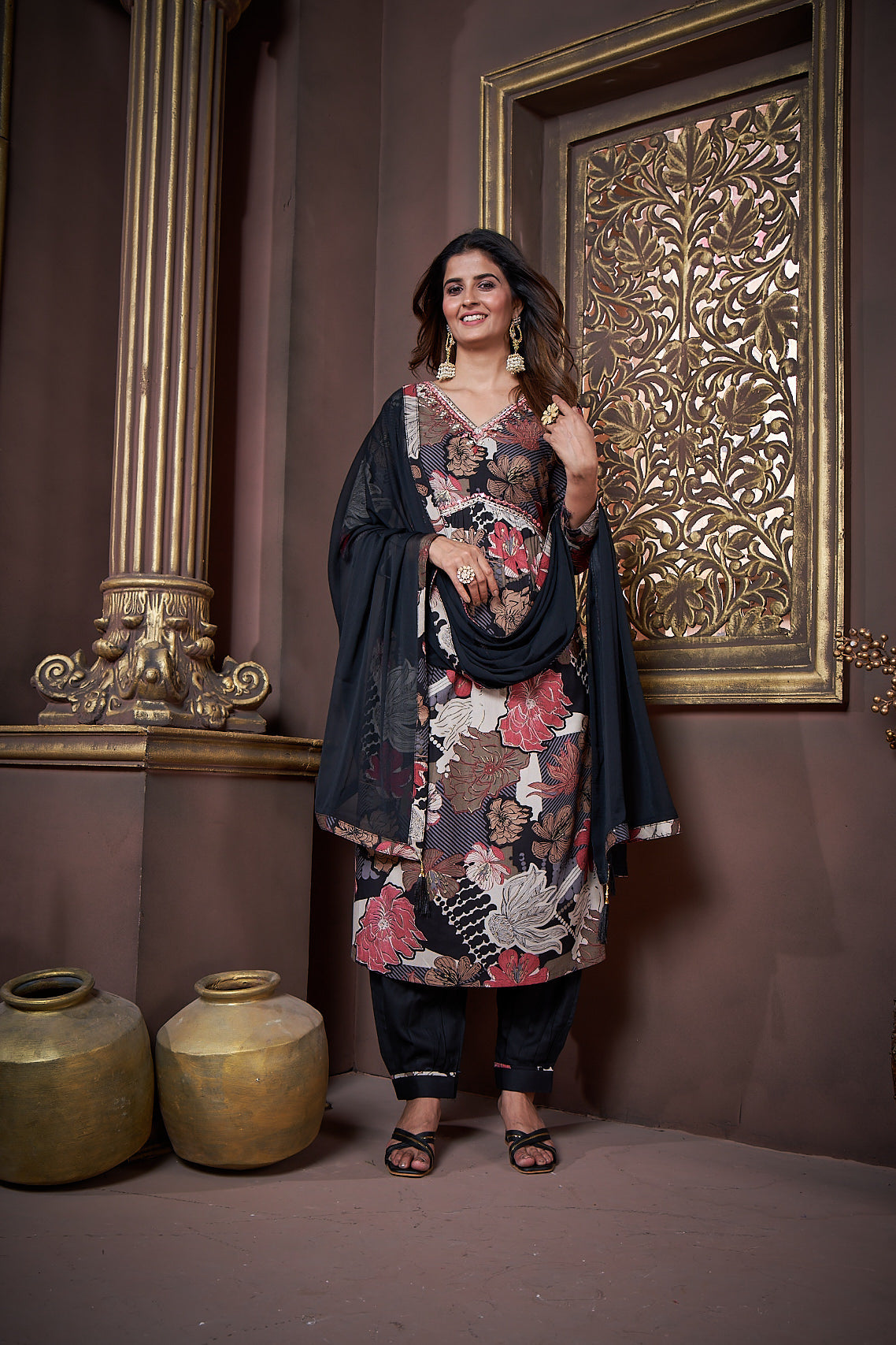 Jyoti Fashion Women's Black Rayon Floral Print with Handwork Designer Kurta Set with Dupatta | Grocsy