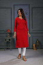Jyoti Fashion Women's Red Cotton Handwork Designer Kurta Only | Grocsy