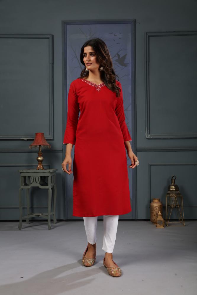 Jyoti Fashion Women's Red Cotton Handwork Designer Kurta Only | Grocsy