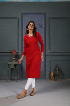 Jyoti Fashion Women's Red Cotton Handwork Designer Kurta Only | Grocsy