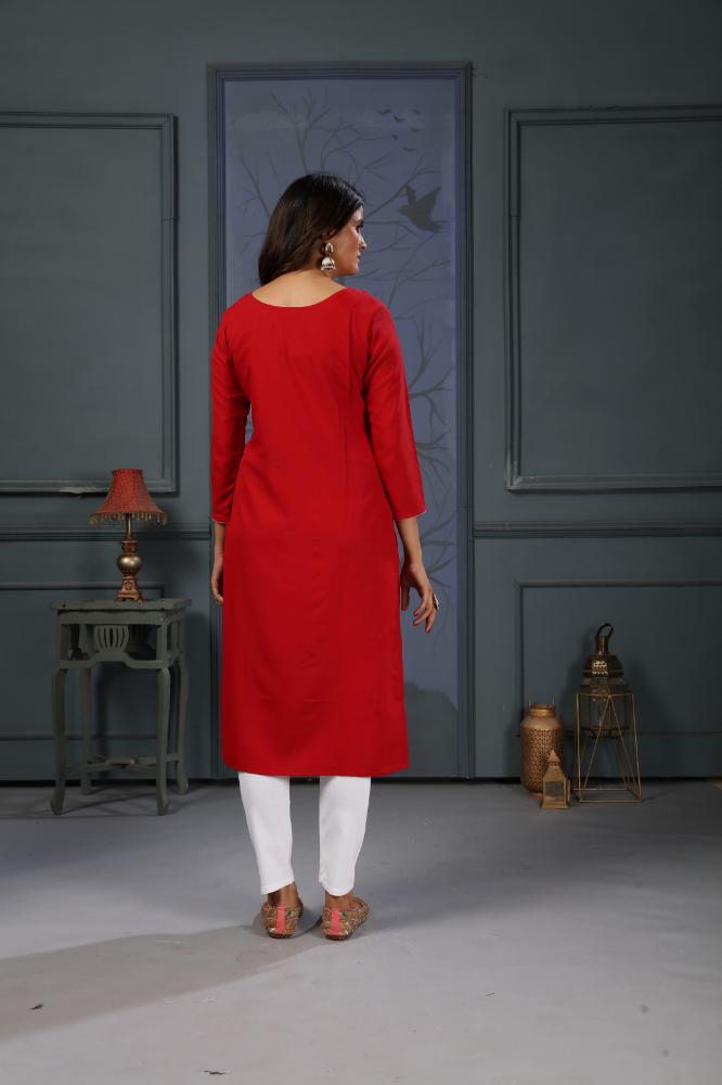 Jyoti Fashion Women's Red Cotton Handwork Designer Kurta Only | Grocsy