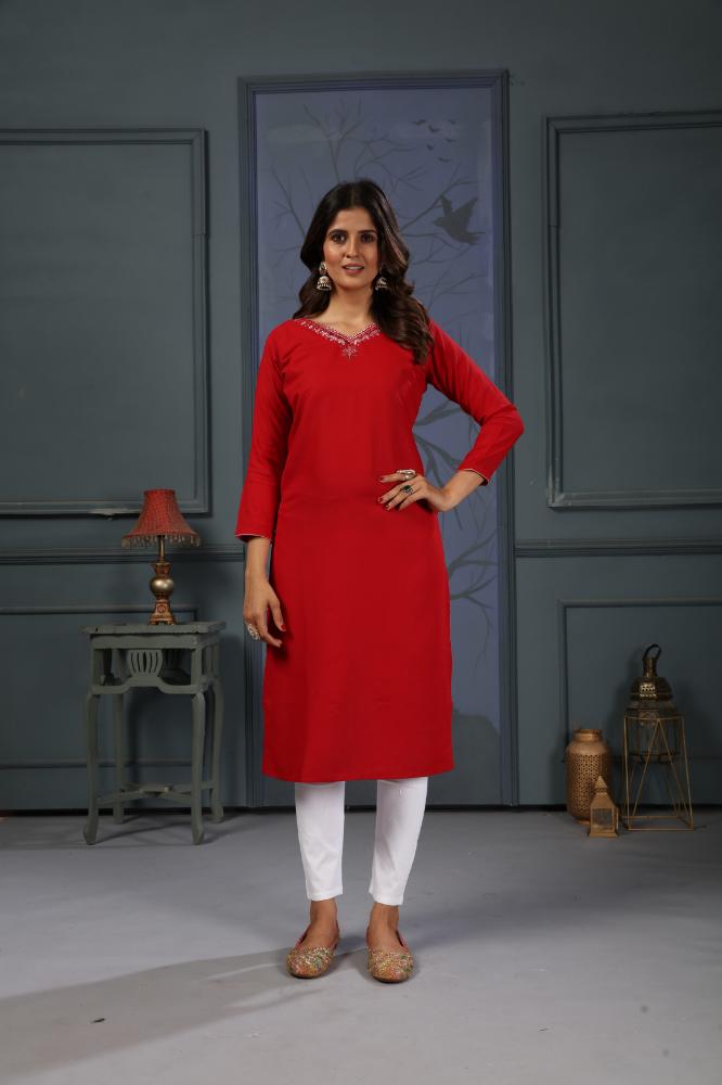 Jyoti Fashion Women's Red Cotton Handwork Designer Kurta Only | Grocsy