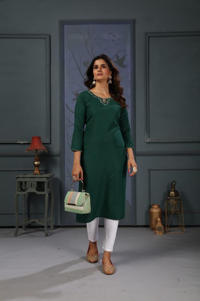 Jyoti Fashion Women's Green Cotton Handwork Designer Kurta Only | Grocsy