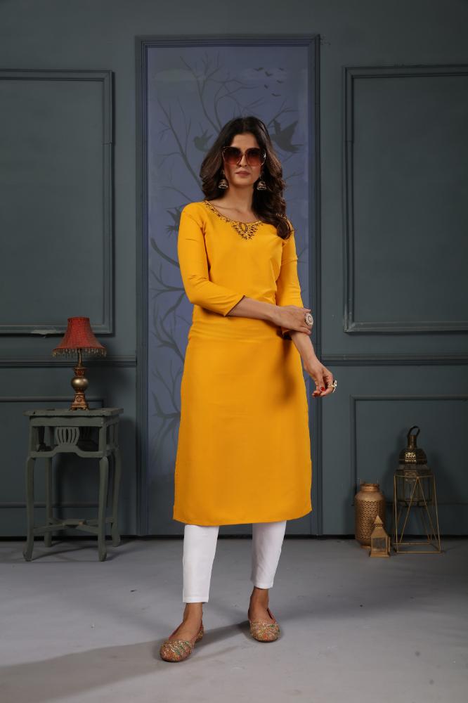 Jyoti Fashion Women's Yellow Cotton Handwork Designer Kurta Only | Grocsy