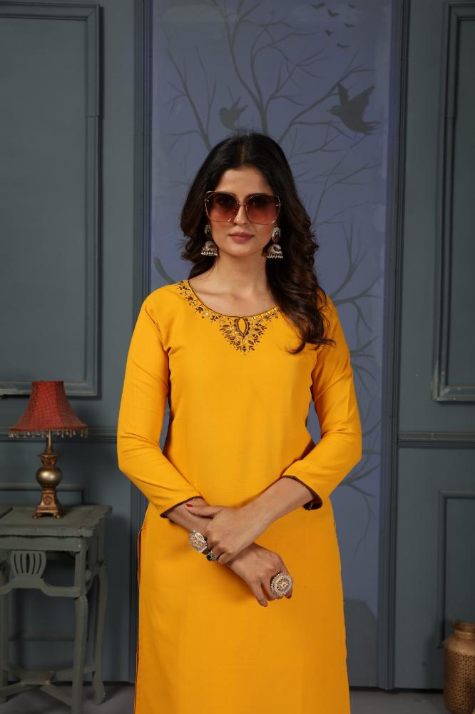 Jyoti Fashion Women's Yellow Cotton Handwork Designer Kurta Only | Grocsy