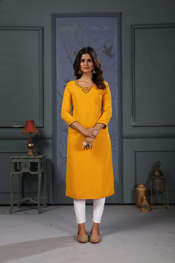 Jyoti Fashion Women's Yellow Cotton Handwork Designer Kurta Only | Grocsy