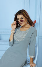 Jyoti Fashion Women's Grey Rinkal Cotton Embroidered Designer Kurta with Bottom | Grocsy
