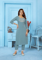 Jyoti Fashion Women's Grey Rinkal Cotton Embroidered Designer Kurta with Bottom | Grocsy