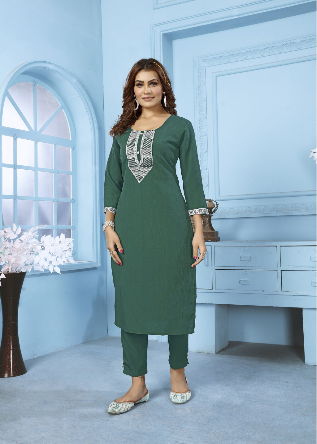 Jyoti Fashion Women's Bottle Green Rinkal Cotton Embroidered Designer Kurta with Bottom | Grocsy