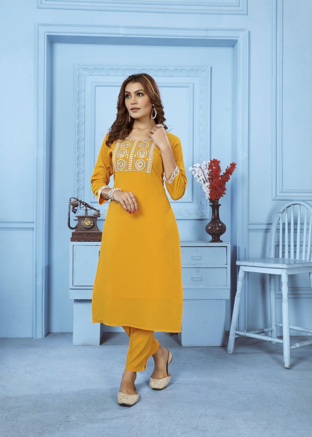 Jyoti Fashion Women's Yellow Rinkal Cotton Embroidered Designer Kurta with Bottom | Grocsy