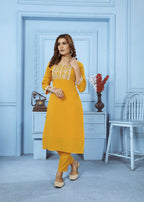 Jyoti Fashion Women's Yellow Rinkal Cotton Embroidered Designer Kurta with Bottom | Grocsy