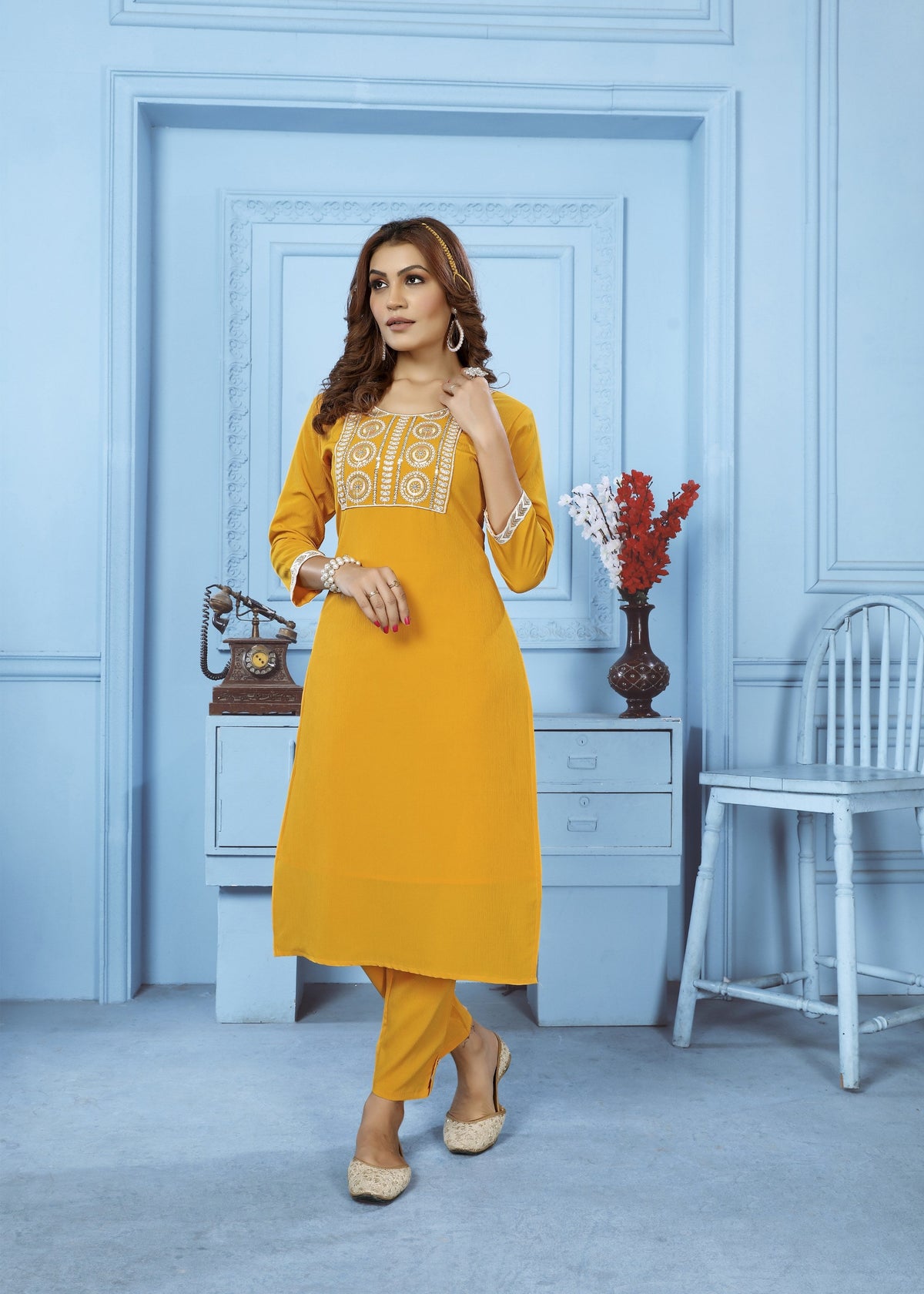 Jyoti Fashion Women's Yellow Rinkal Cotton Embroidered Designer Kurta with Bottom | Grocsy