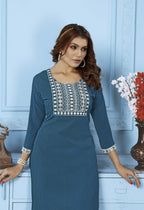 Jyoti Fashion Women's Teal Rinkal Cotton Embroidered Designer Kurta with Bottom | Grocsy