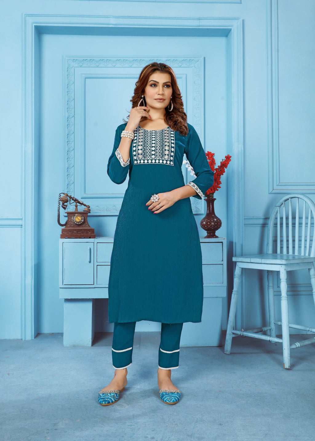 Jyoti Fashion Women's Teal Rinkal Cotton Embroidered Designer Kurta with Bottom | Grocsy