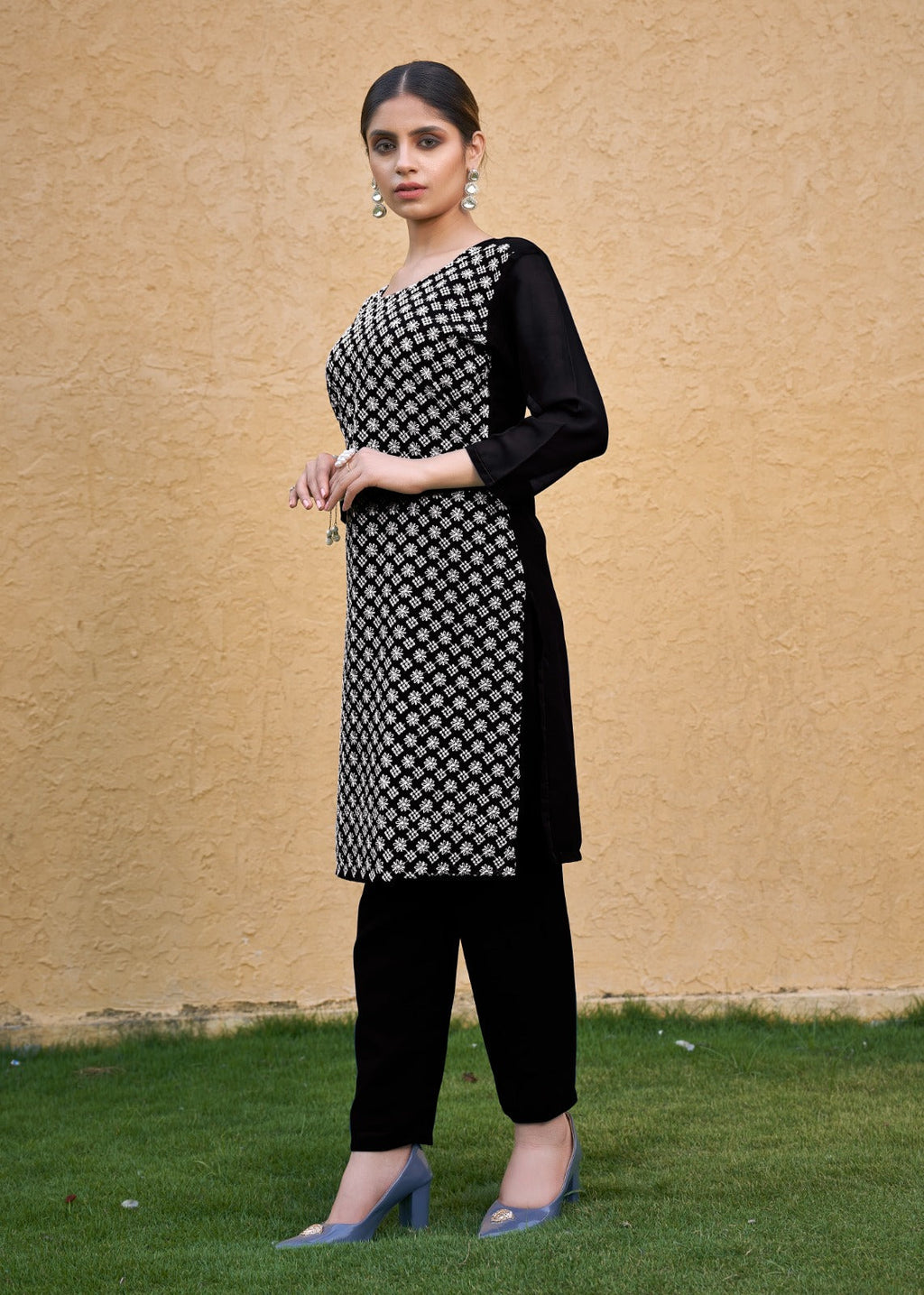 Jyoti Fashion Women's Black Faux Georgette Chikan Embroidery Designer Kurta with Bottom | Grocsy