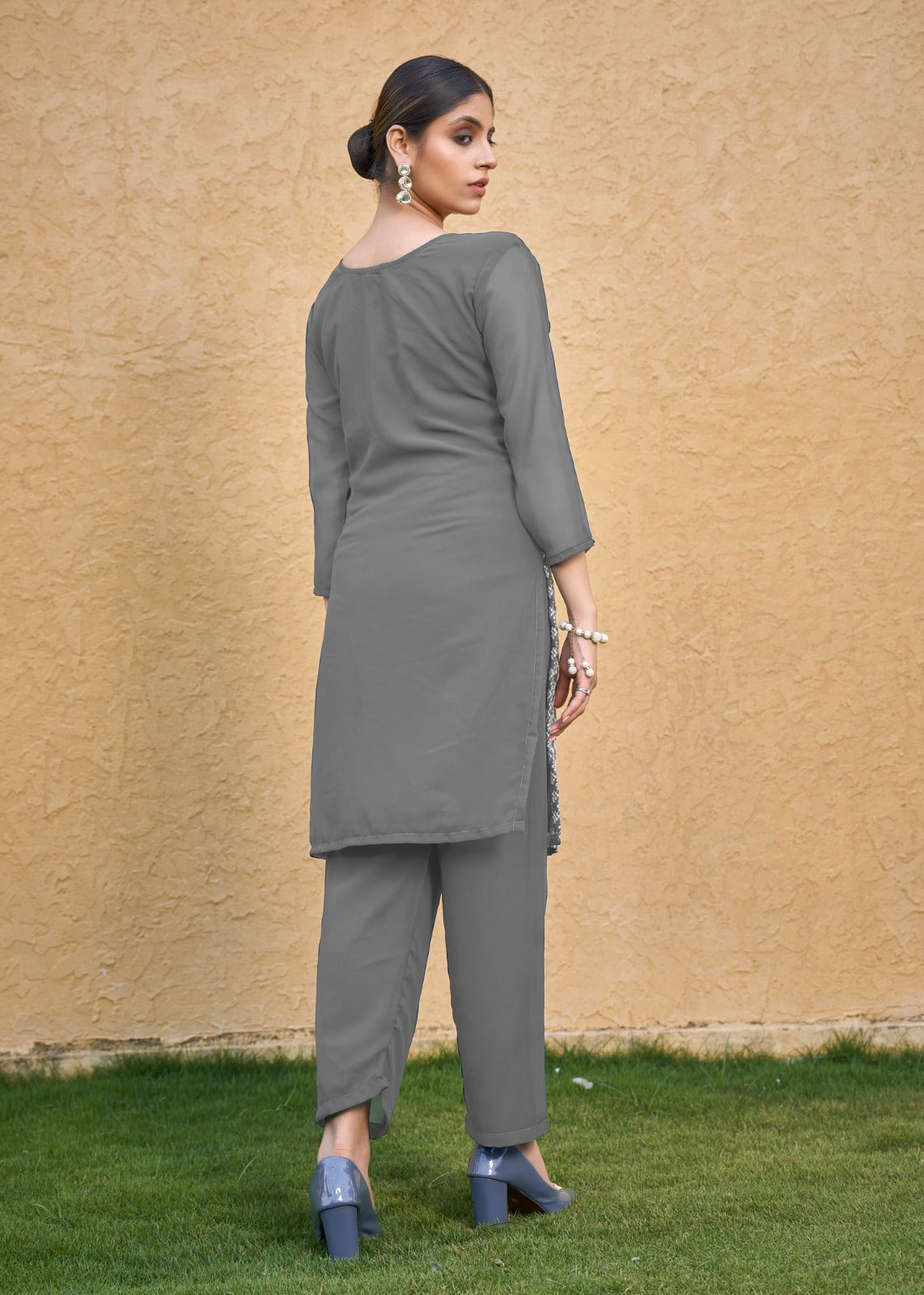 Jyoti Fashion Women's Grey Faux Georgette Chikan Embroidery Designer Kurta with Bottom | Grocsy