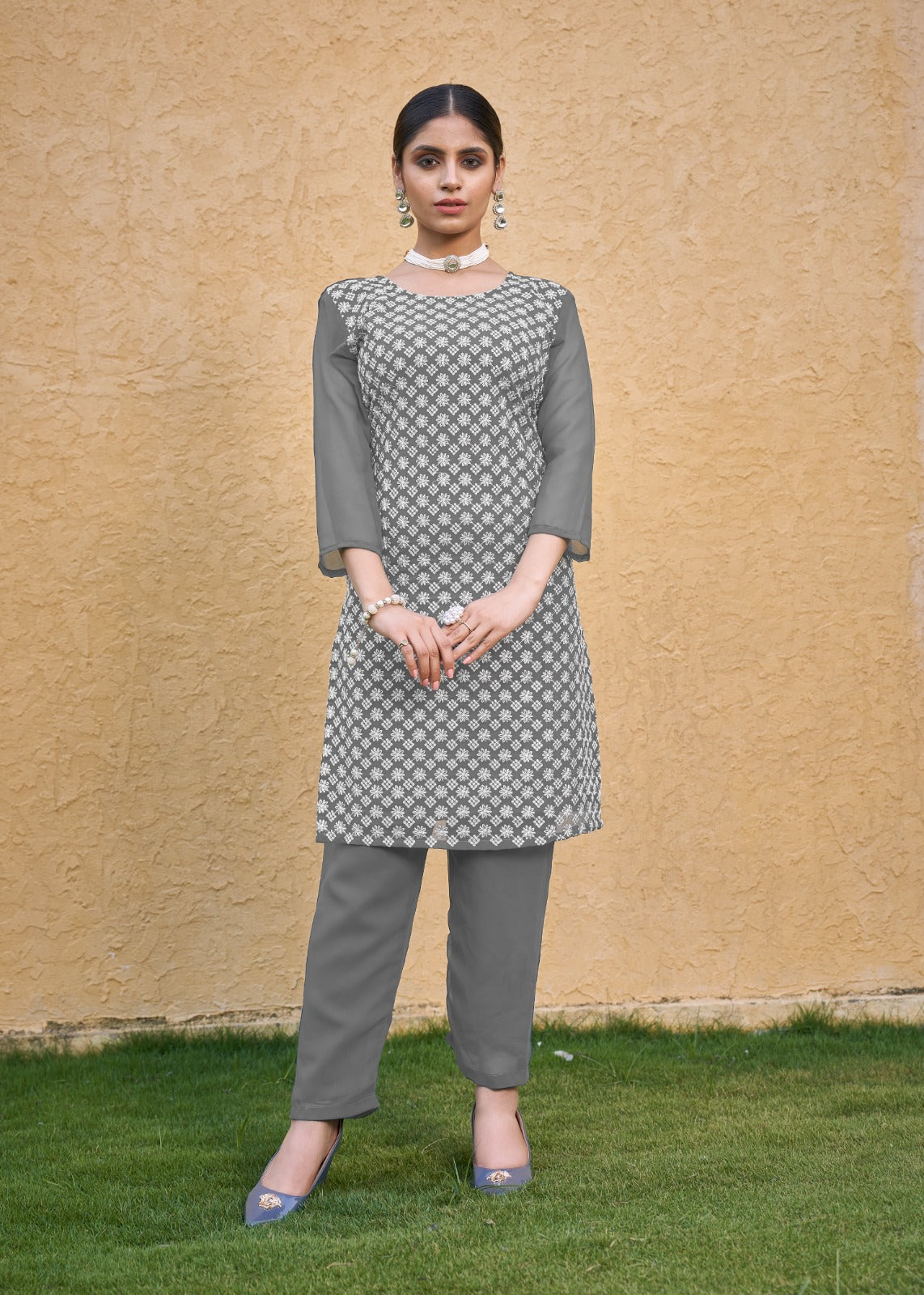 Jyoti Fashion Women's Grey Faux Georgette Chikan Embroidery Designer Kurta with Bottom | Grocsy