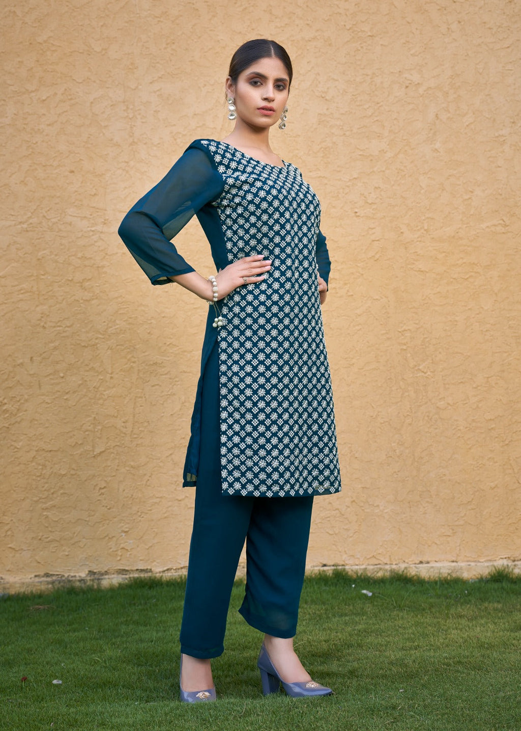 Jyoti Fashion Women's Morpich Faux Georgette Chikan Embroidery Designer Kurta with Bottom | Grocsy