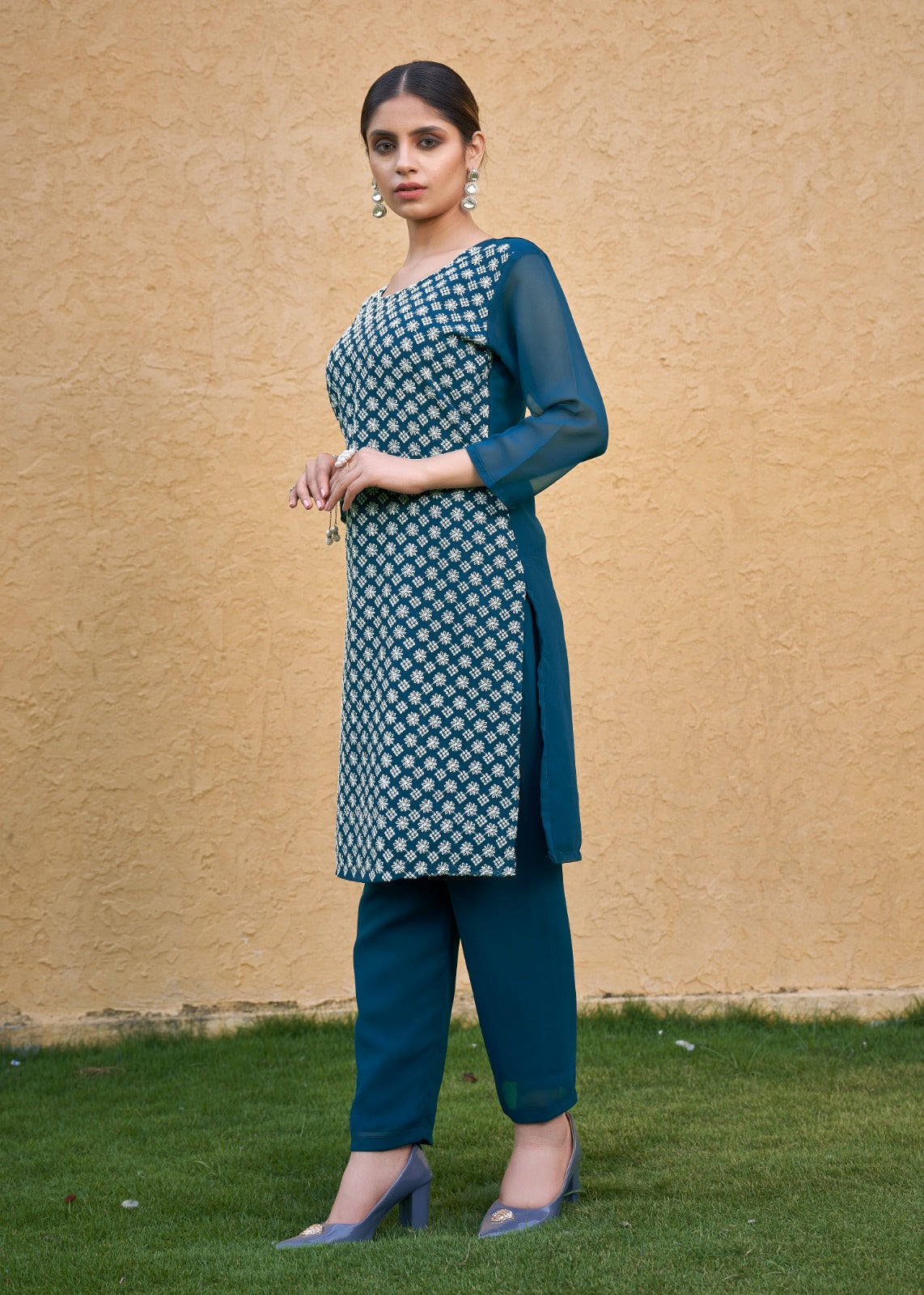 Jyoti Fashion Women's Morpich Faux Georgette Chikan Embroidery Designer Kurta with Bottom | Grocsy