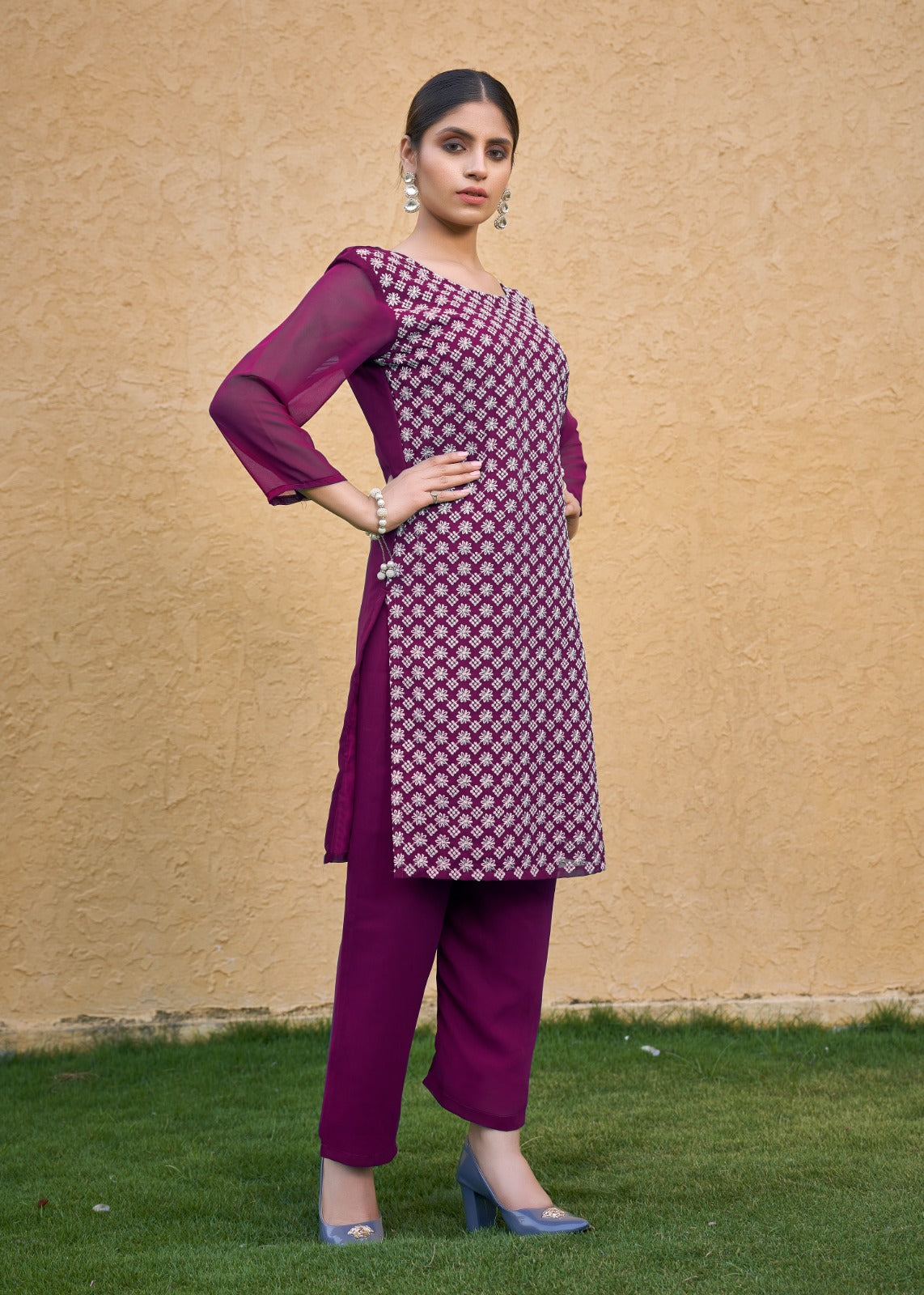 Jyoti Fashion Women's Wine Faux Georgette Chikan Embroidery Designer Kurta with Bottom | Grocsy