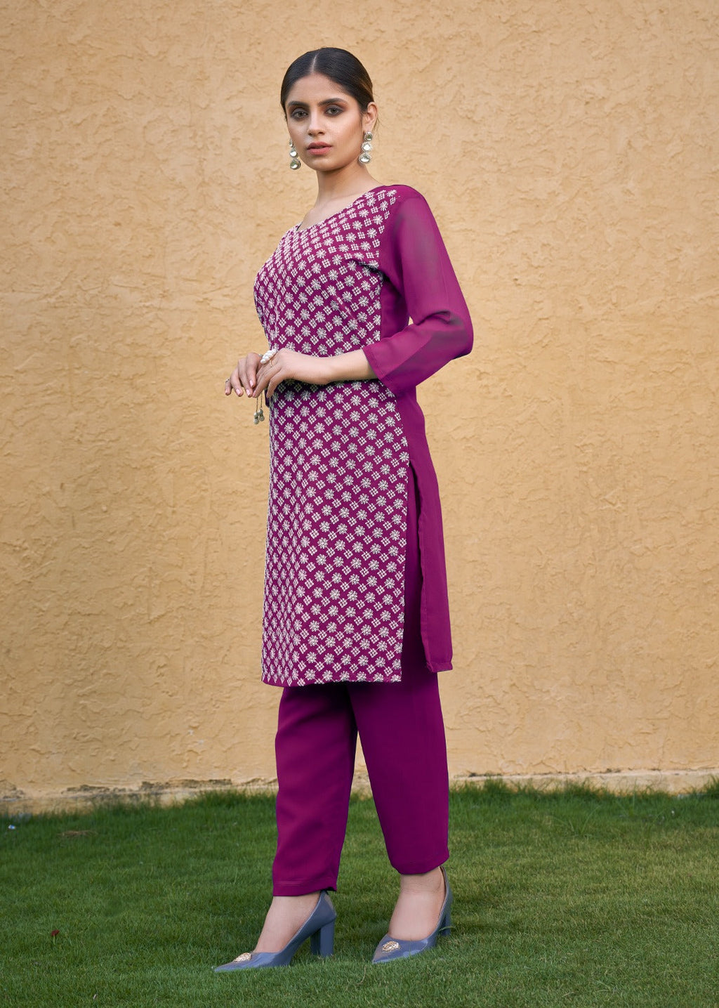 Jyoti Fashion Women's Wine Faux Georgette Chikan Embroidery Designer Kurta with Bottom | Grocsy