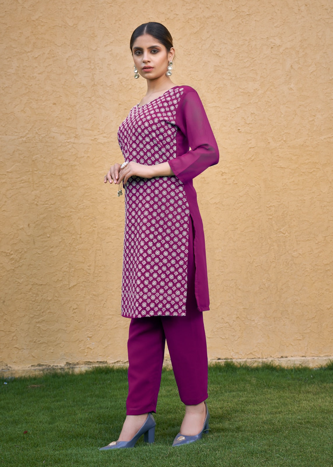 Jyoti Fashion Women's Wine Faux Georgette Chikan Embroidery Designer Kurta with Bottom | Grocsy