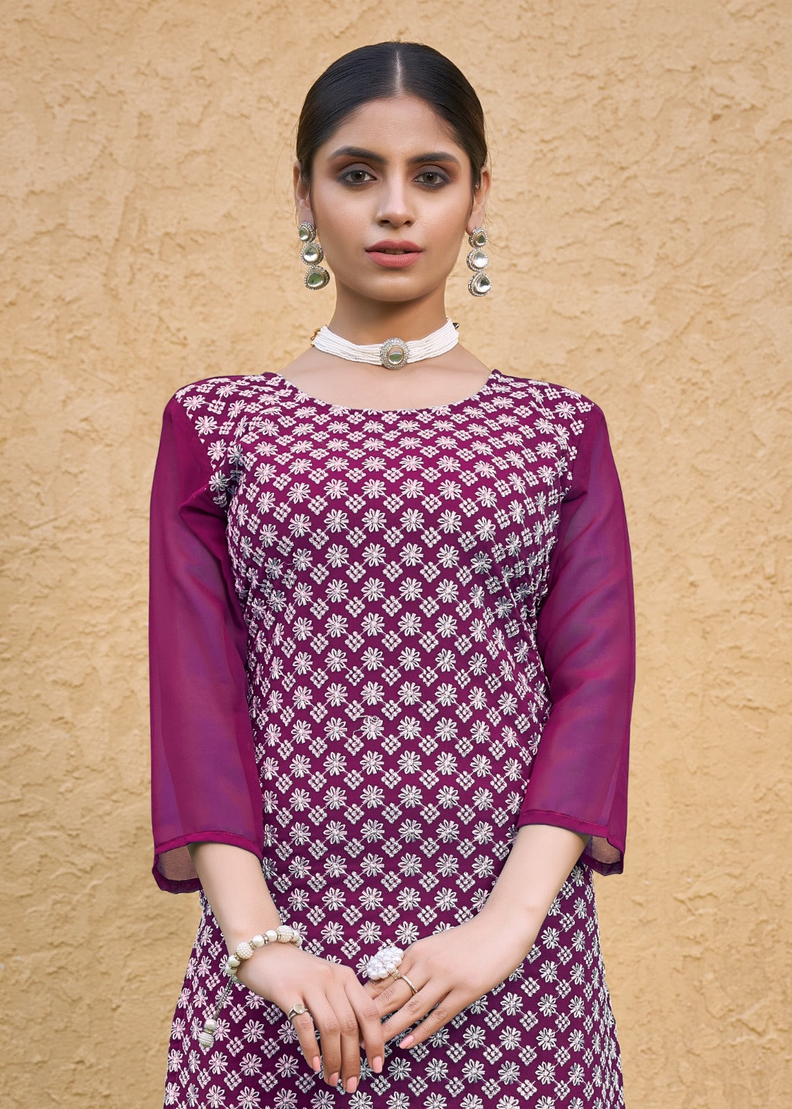 Jyoti Fashion Women's Wine Faux Georgette Chikan Embroidery Designer Kurta with Bottom | Grocsy