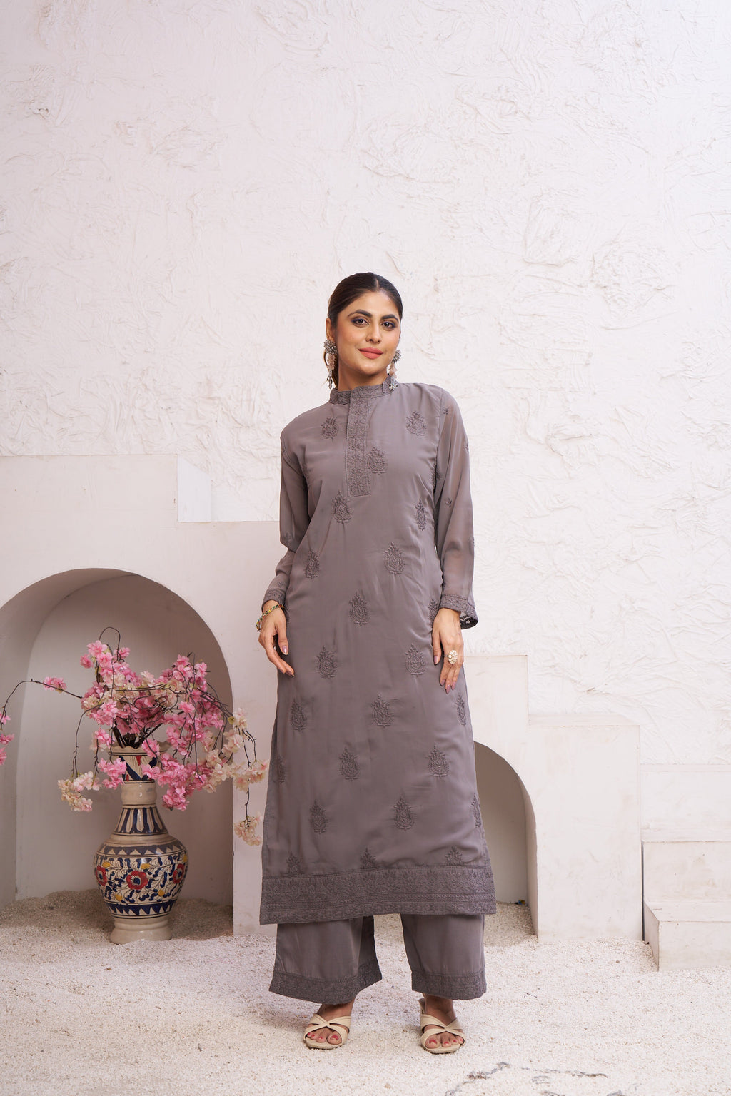 Jyoti Fashion Women's Grey Faux Georgette Embroidered Designer Kurta with Bottom | Grocsy