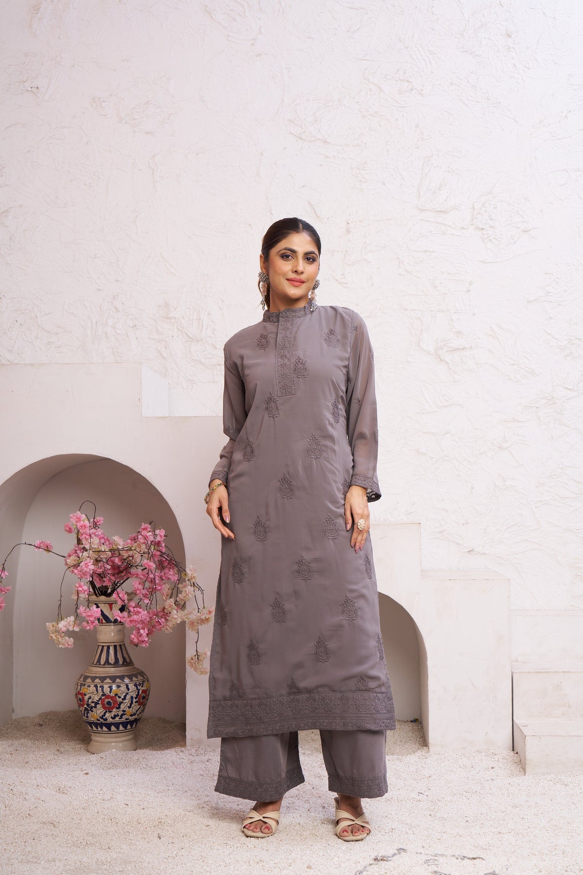 Jyoti Fashion Women's Grey Faux Georgette Embroidered Designer Kurta with Bottom | Grocsy