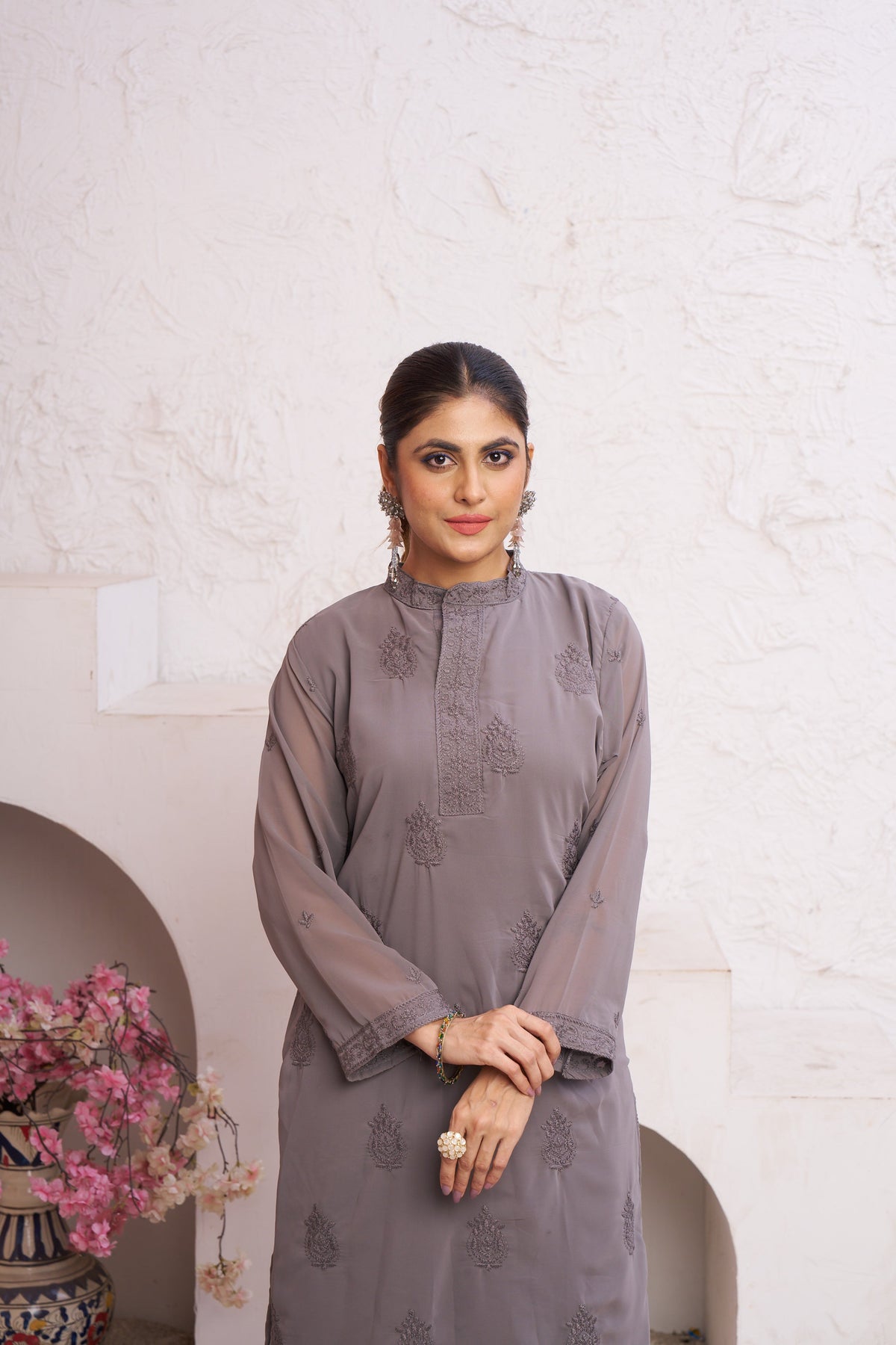 Jyoti Fashion Women's Grey Faux Georgette Embroidered Designer Kurta with Bottom | Grocsy