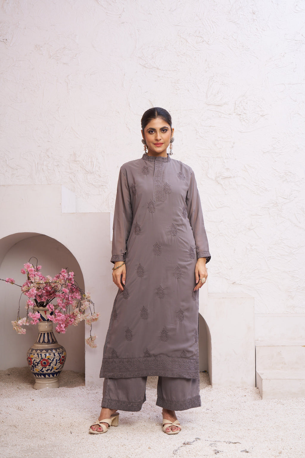 Jyoti Fashion Women's Grey Faux Georgette Embroidered Designer Kurta with Bottom | Grocsy