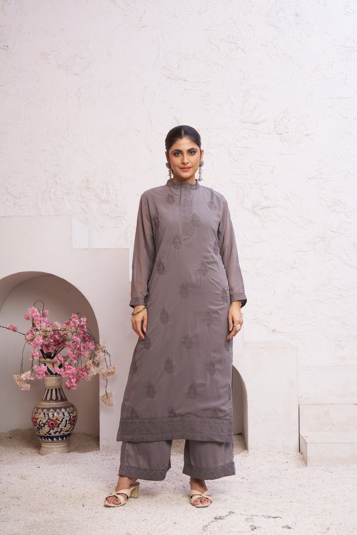 Jyoti Fashion Women's Grey Faux Georgette Embroidered Designer Kurta with Bottom | Grocsy