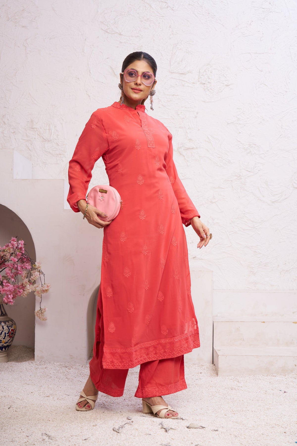 Jyoti Fashion Women's Orange Faux Georgette Embroidered Designer Kurta with Bottom | Grocsy