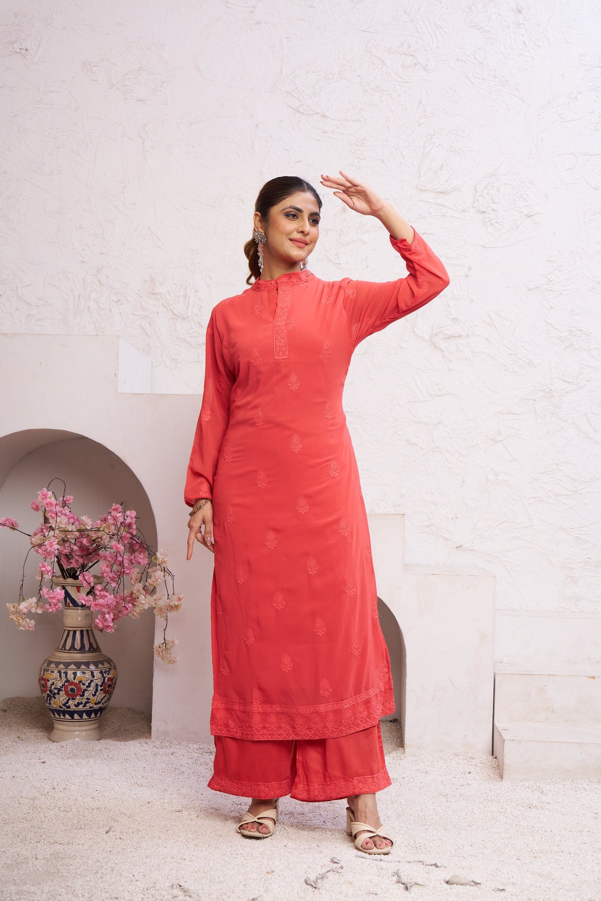 Jyoti Fashion Women's Orange Faux Georgette Embroidered Designer Kurta with Bottom | Grocsy