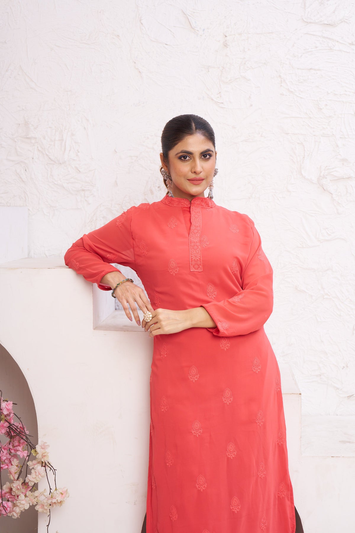 Jyoti Fashion Women's Orange Faux Georgette Embroidered Designer Kurta with Bottom | Grocsy