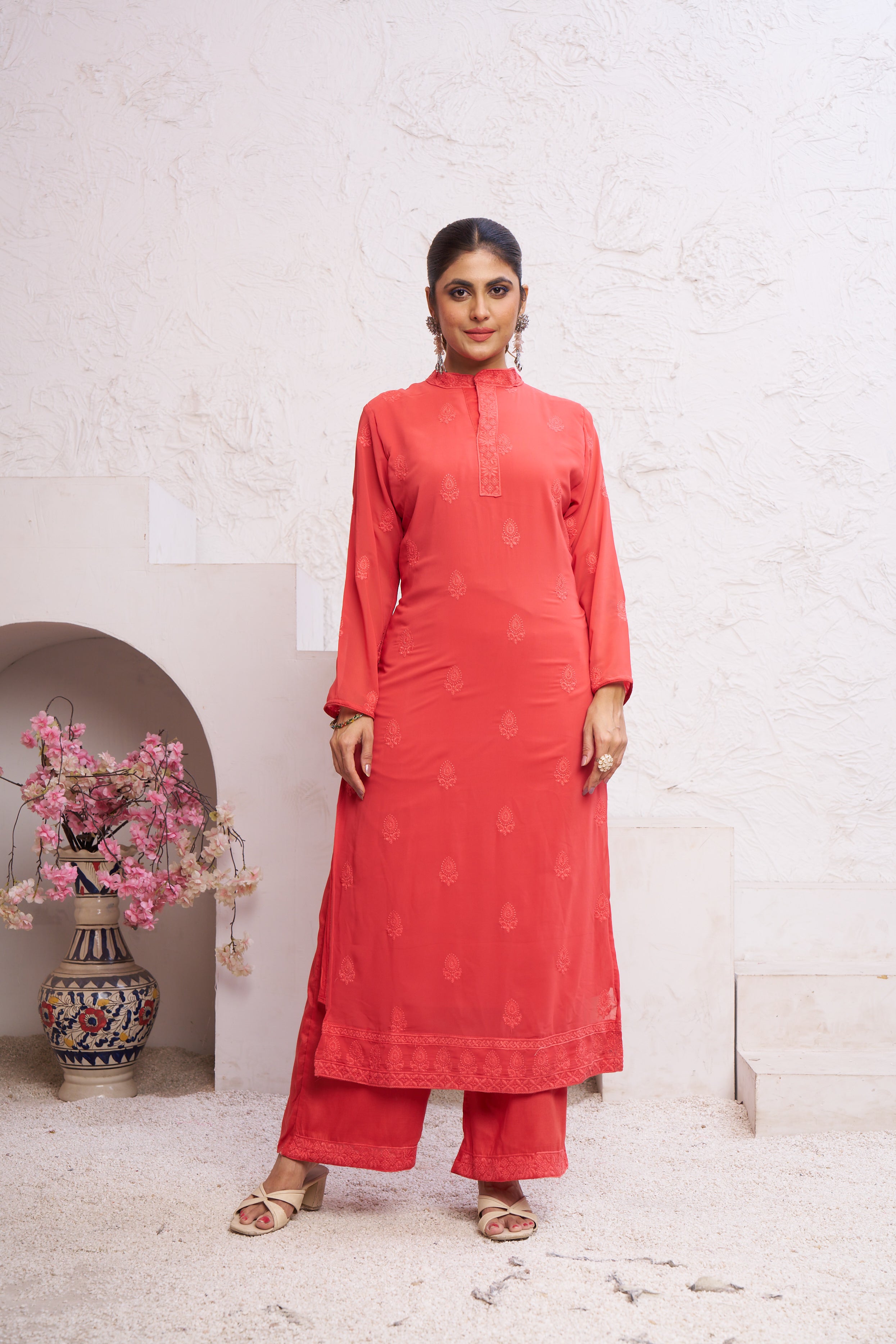 Jyoti Fashion Women's Orange Faux Georgette Embroidered Designer Kurta with Bottom | Grocsy