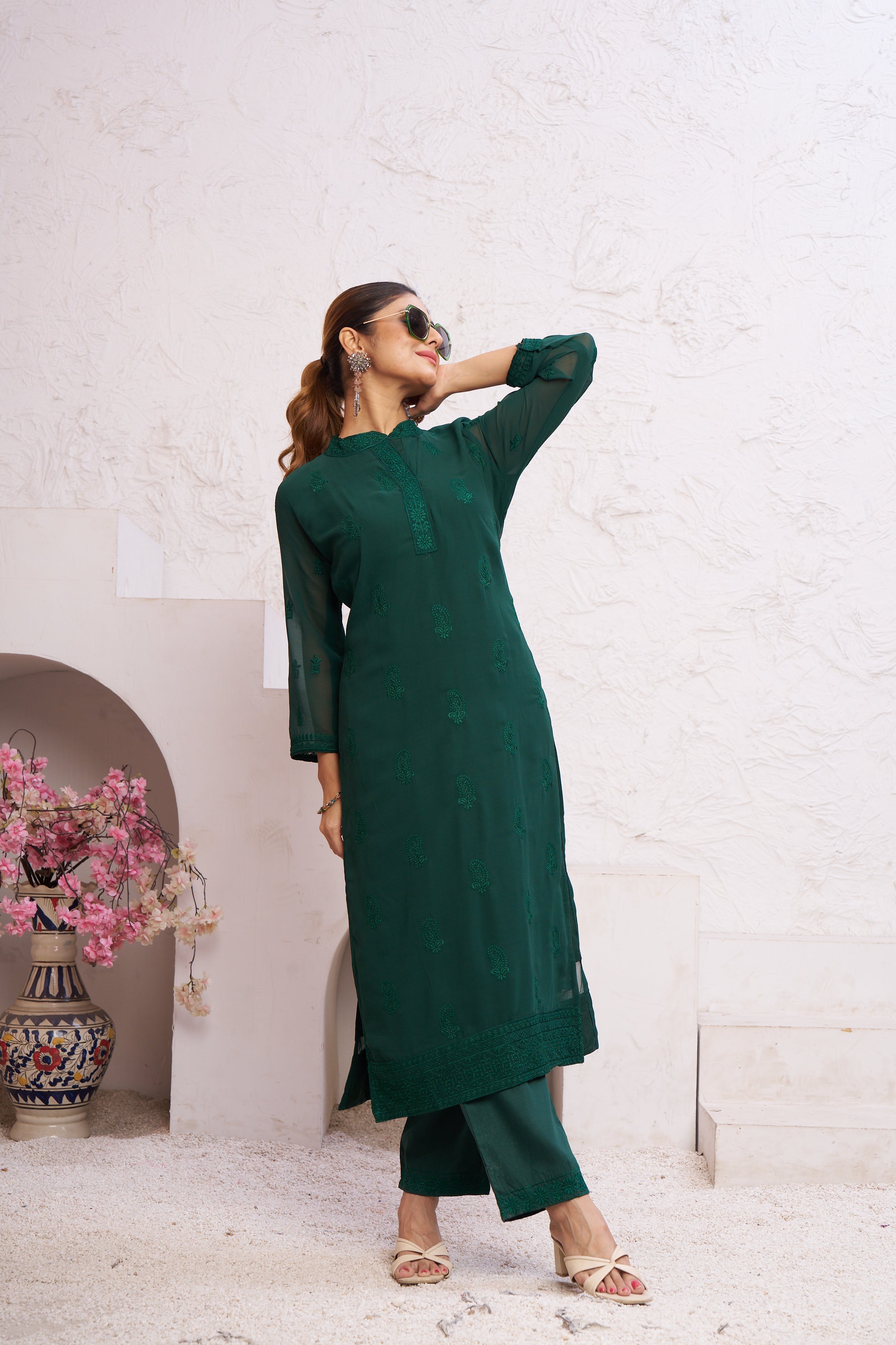 Jyoti Fashion Women's Bottle Green Faux Georgette Embroidered Designer Kurta with Bottom | Grocsy
