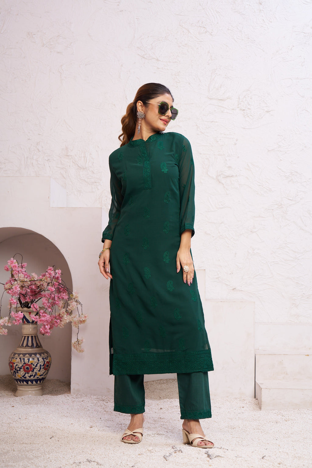 Jyoti Fashion Women's Bottle Green Faux Georgette Embroidered Designer Kurta with Bottom | Grocsy