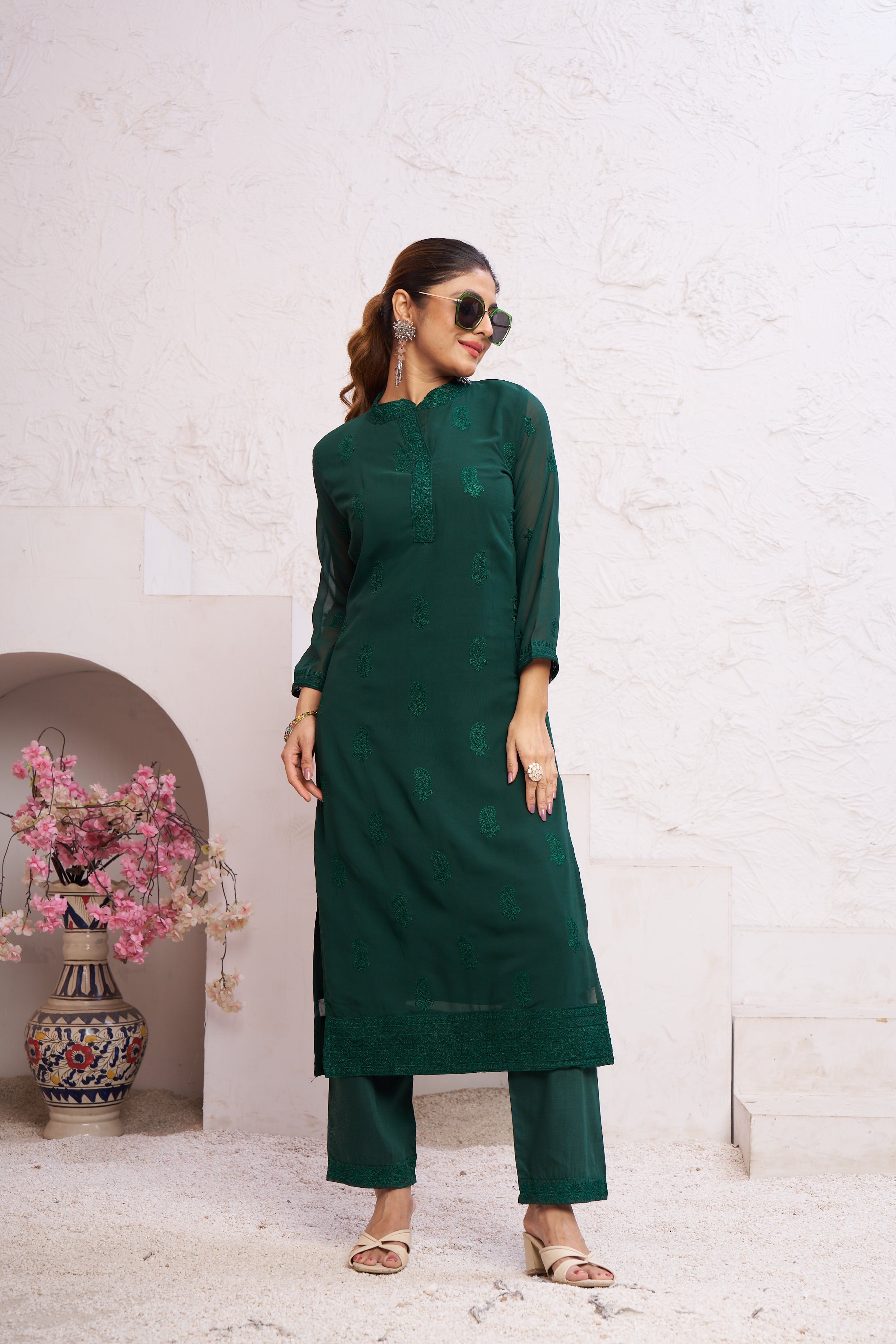 Jyoti Fashion Women's Bottle Green Faux Georgette Embroidered Designer Kurta with Bottom | Grocsy