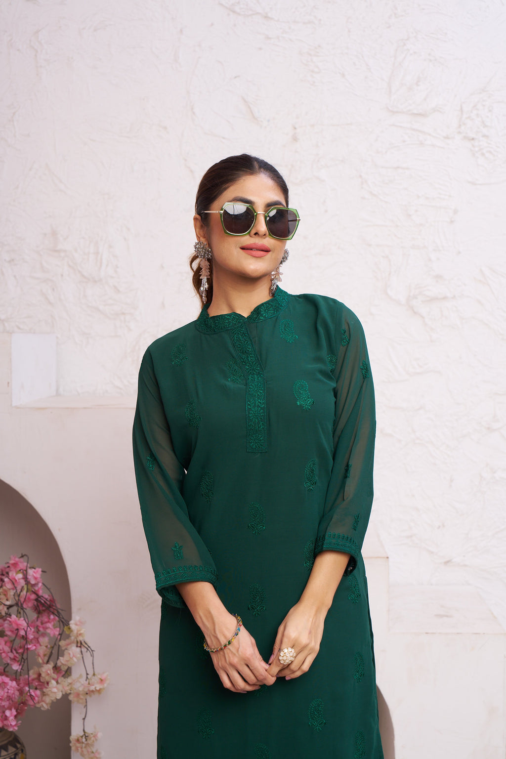 Jyoti Fashion Women's Bottle Green Faux Georgette Embroidered Designer Kurta with Bottom | Grocsy