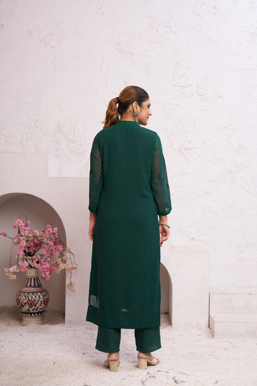 Jyoti Fashion Women's Bottle Green Faux Georgette Embroidered Designer Kurta with Bottom | Grocsy