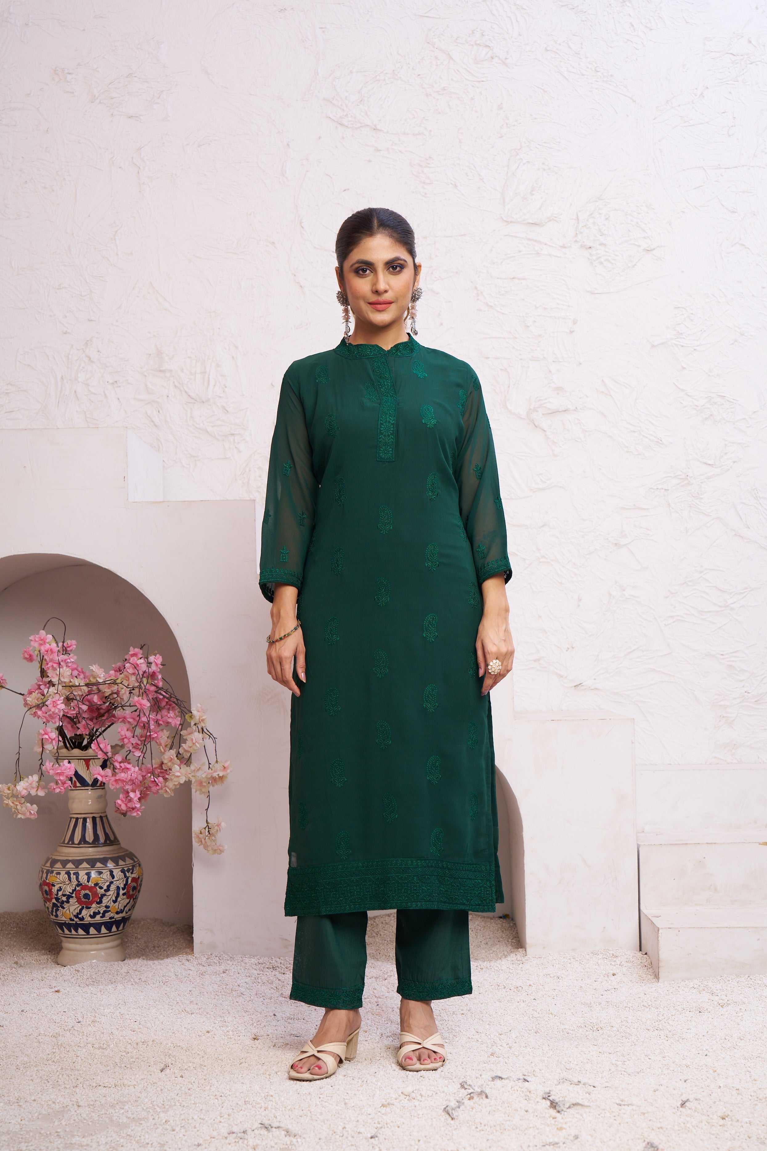 Jyoti Fashion Women's Bottle Green Faux Georgette Embroidered Designer Kurta with Bottom | Grocsy