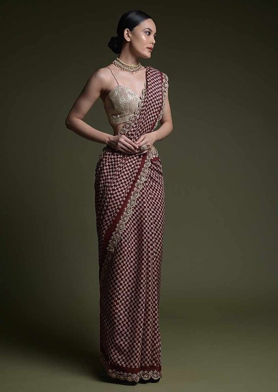 Jyoti Fashion Women's Wine Coding Sequence Chinon Saree with Blouse | Grocsy
