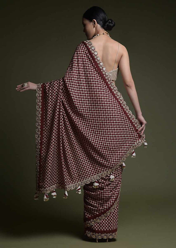 Jyoti Fashion Women's Wine Coding Sequence Chinon Saree with Blouse | Grocsy