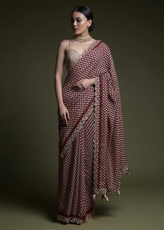 Jyoti Fashion Women's Wine Coding Sequence Chinon Saree with Blouse | Grocsy
