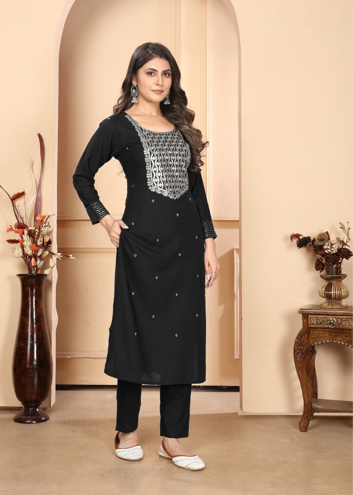 Jyoti Fashion Women's Black Rayon Sequins Embroidered Designer Kurta Set with Dupatta | Grocsy